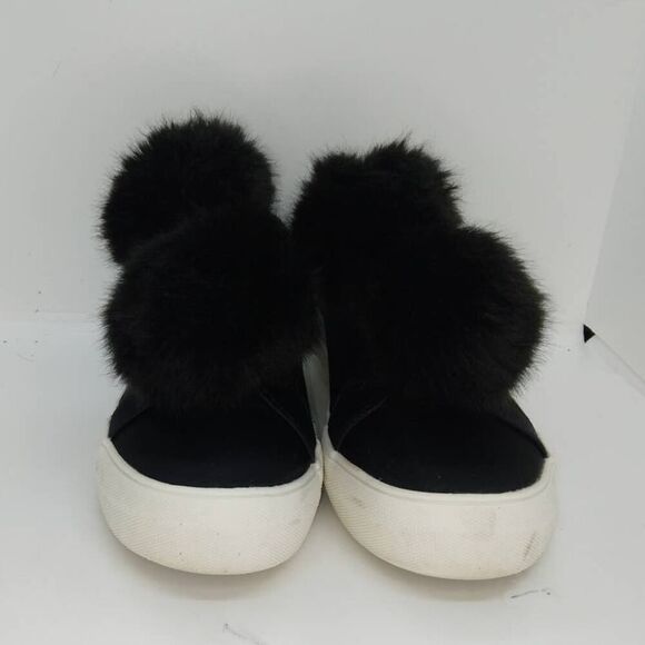 Mossimo Designer Women's Pre-owned Black Puff Fur Ball Satin Sneakers- sz. 7 1/2 - Picture 2 of 6